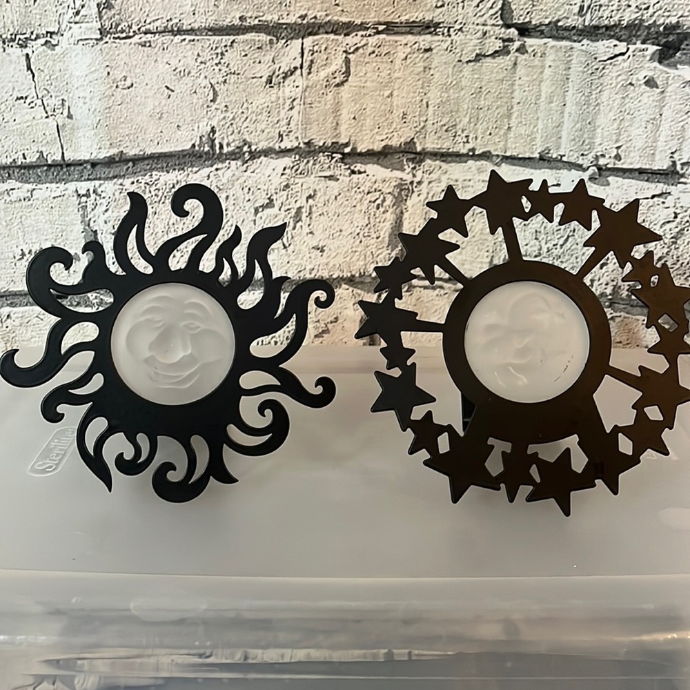 Partylite Sun & moon wall candleholders, black metal w/frosted white glass.
